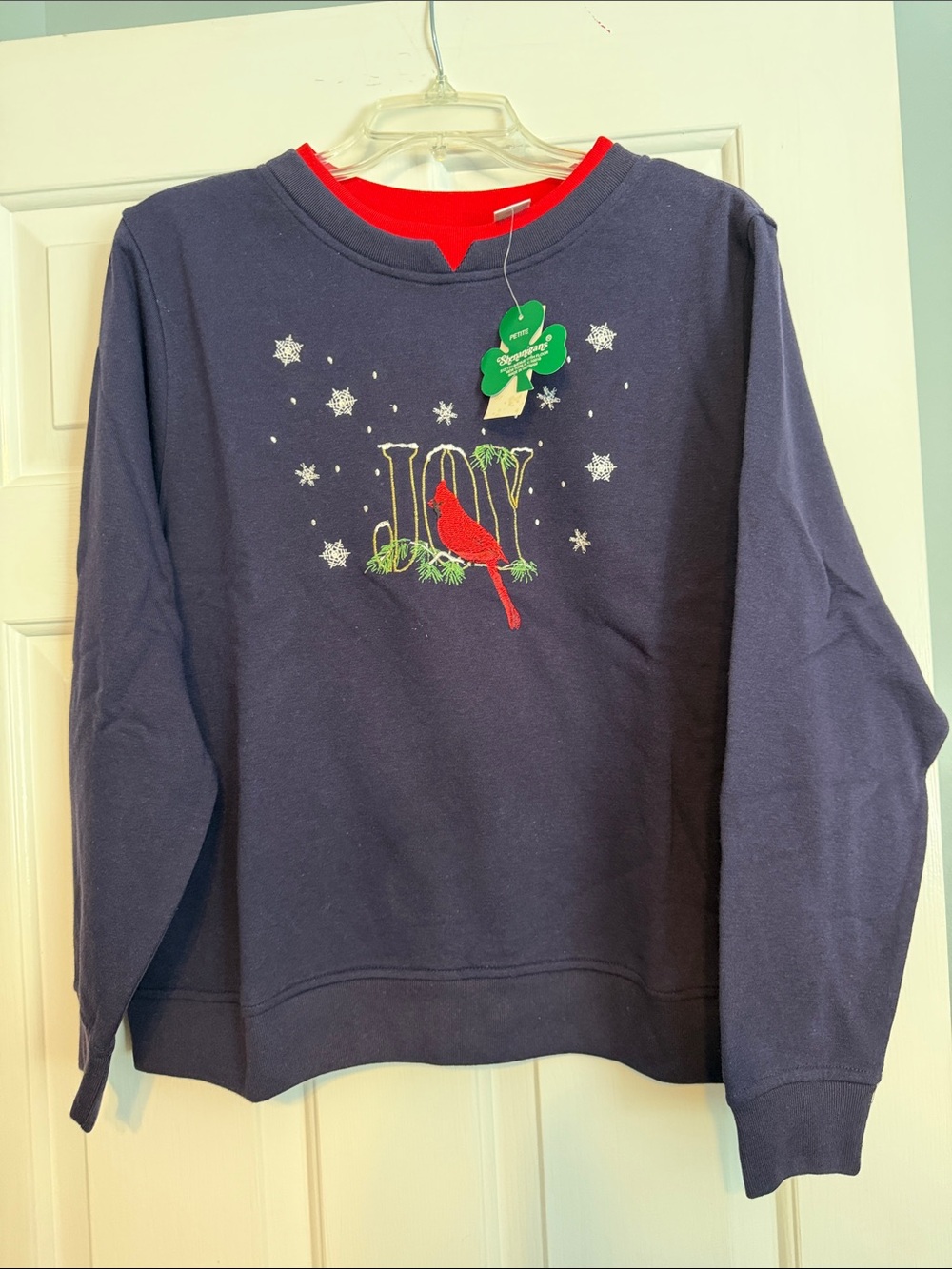 Navy Crewneck Sweater with Red Cardinal "JOY" Embroidery